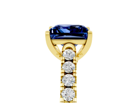 Yellow gold {shape_name} Blue Sapphire Solitaire Ring with Pavé Band and Four-Prong Setting_5