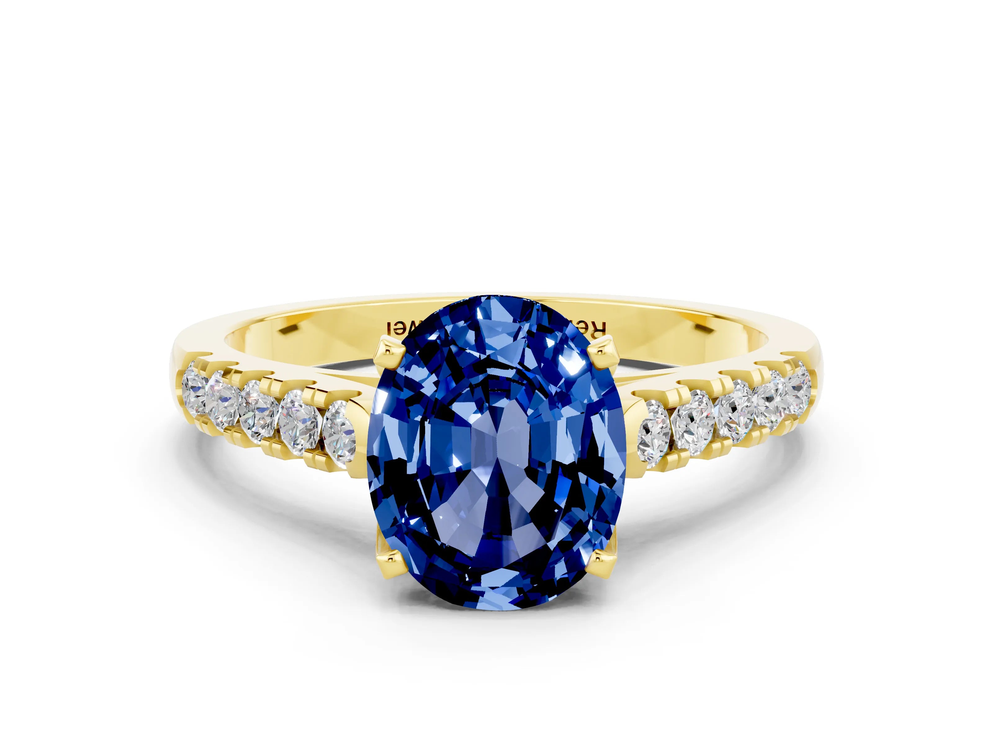 Yellow gold {shape_name} Blue Sapphire Solitaire Ring with Pavé Band and Four-Prong Setting