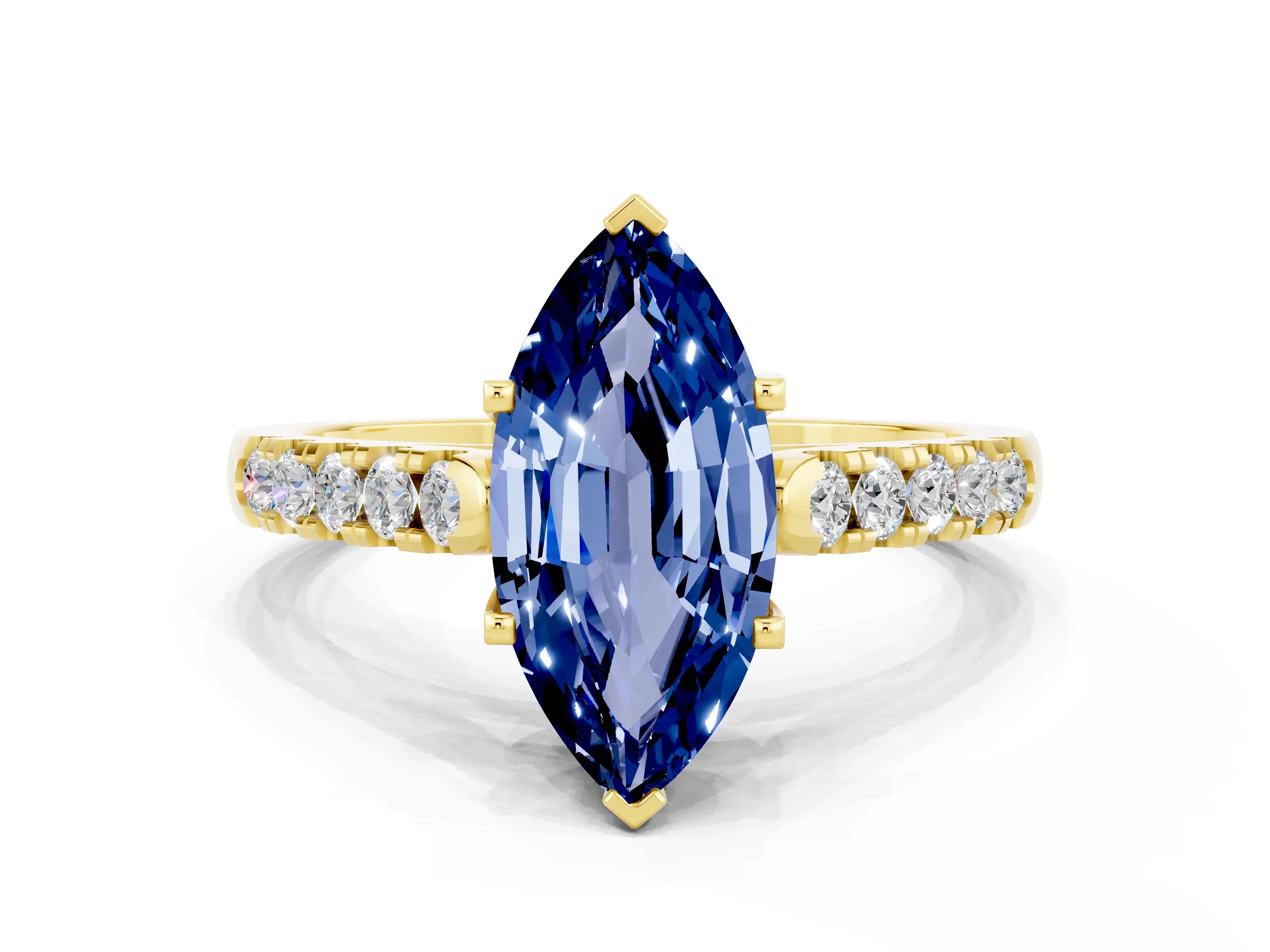Yellow gold {shape_name} Blue Sapphire Solitaire Ring with Pavé Band and Four-Prong Setting