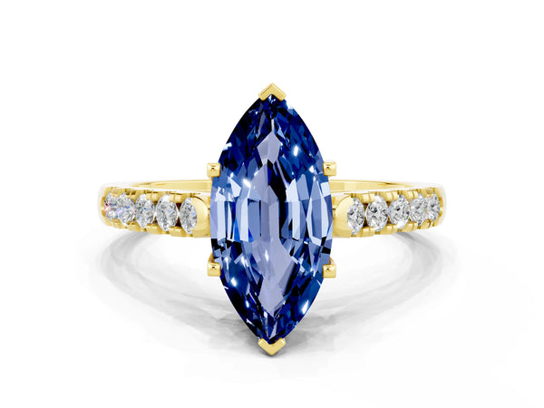 Yellow gold Marquise Cut Blue Sapphire Pavé Band Solitaire Ring with Prong Setting