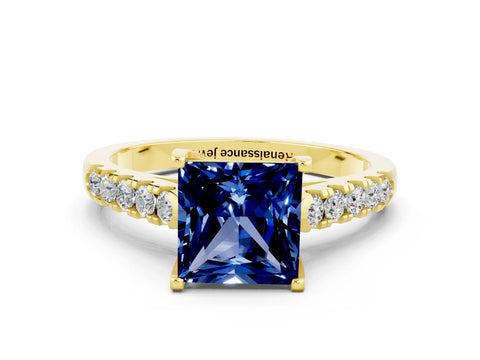 Yellow gold {shape_name} Blue Sapphire Solitaire Ring with Pavé Band and Four-Prong Setting