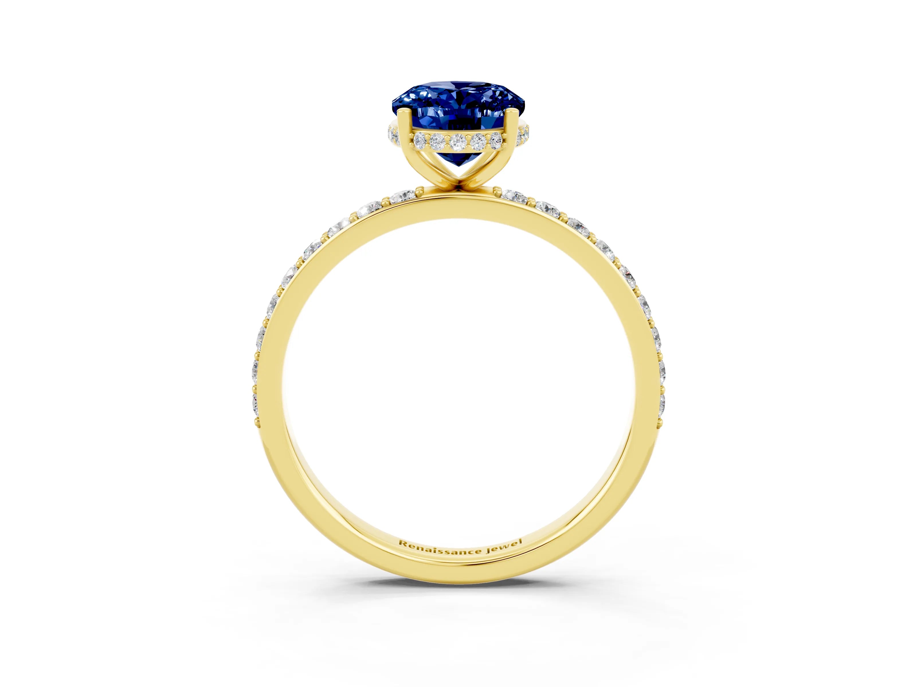Yellow gold {shape_name} Blue Sapphire Solitaire Ring with Pavé Band and Hidden Halo_3