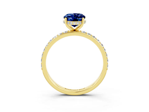 Yellow gold {shape_name} Blue Sapphire Solitaire Ring with Pavé Band and Hidden Halo_3