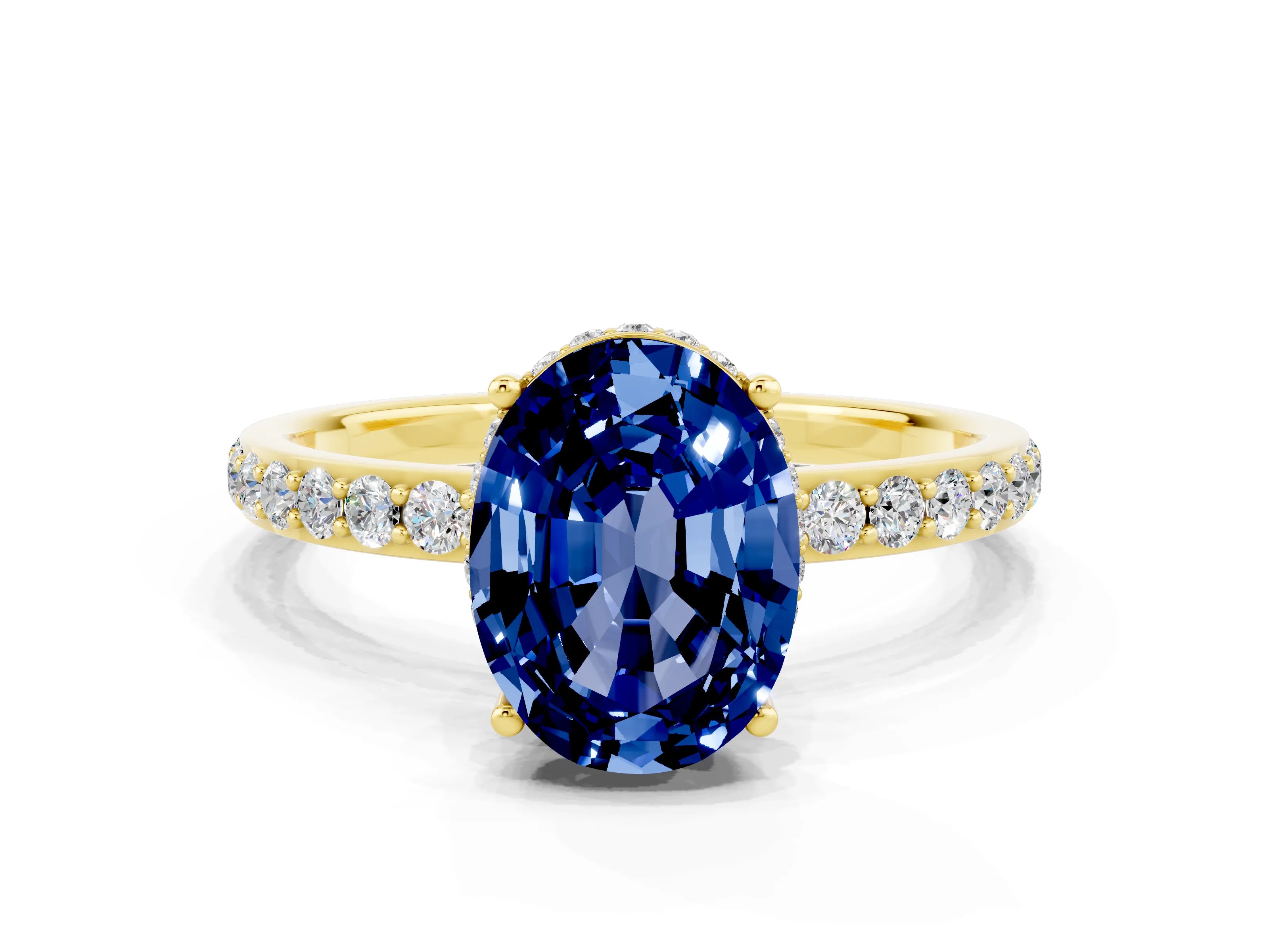Yellow gold {shape_name} Blue Sapphire Solitaire Ring with Pavé Band and Hidden Halo