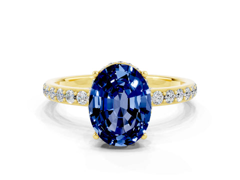 Yellow gold {shape_name} Blue Sapphire Solitaire Ring with Pavé Band and Hidden Halo