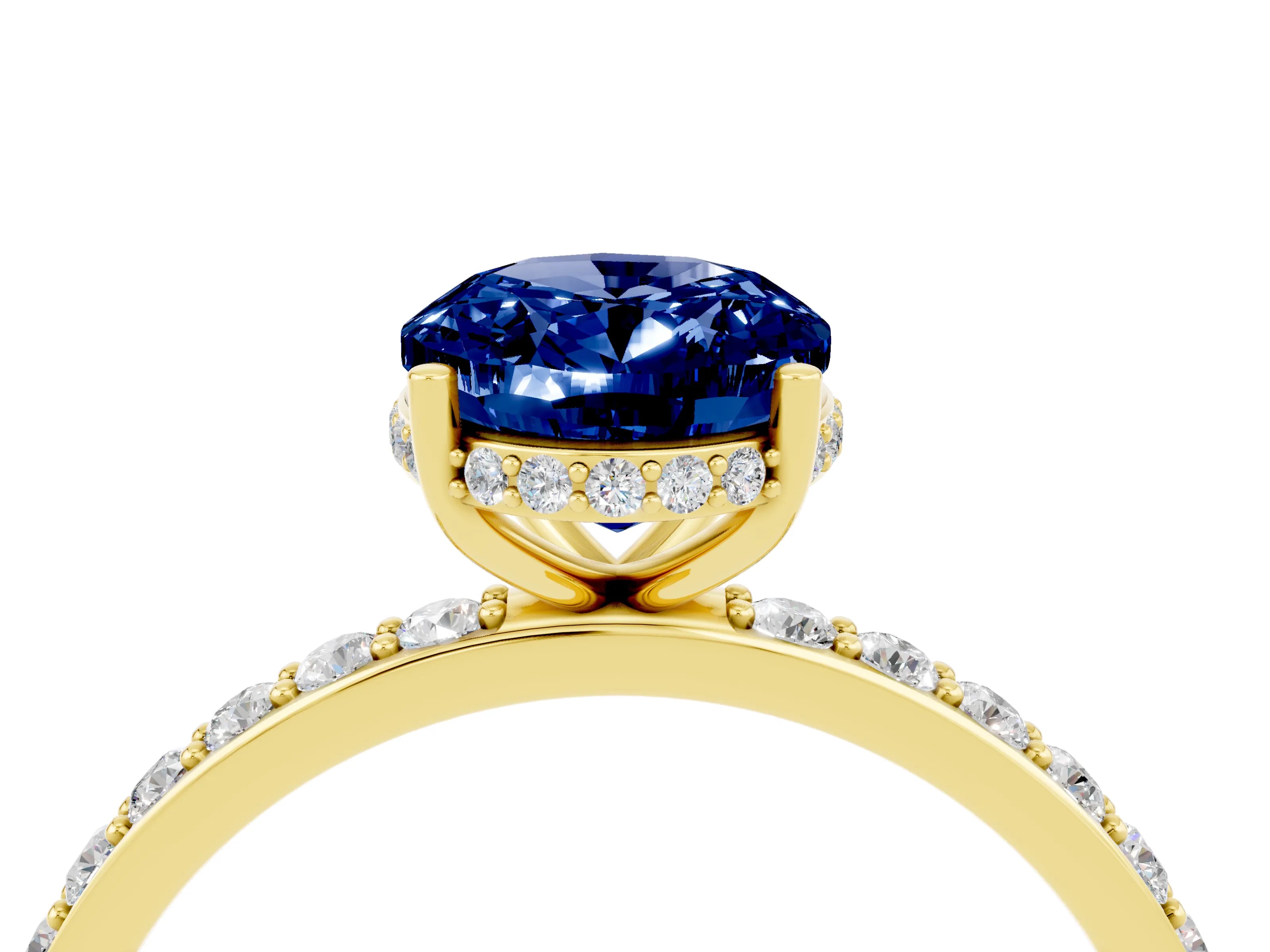 Yellow gold {shape_name} Blue Sapphire Solitaire Ring with Pavé Band and Hidden Halo_4
