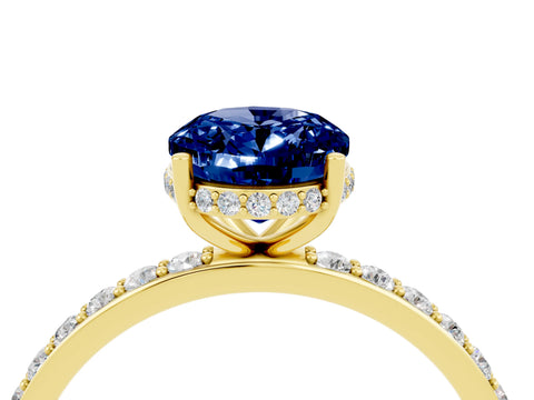 Yellow gold {shape_name} Blue Sapphire Solitaire Ring with Pavé Band and Hidden Halo_4