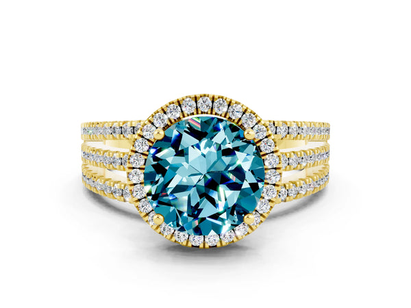 Yellow gold Round Cut Blue Topaz Halo Engagement Ring with Split Shank and Four-Prong Setting