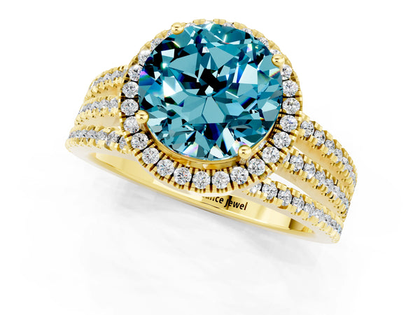 Yellow gold Round Cut Blue Topaz Halo Engagement Ring with Split Shank and Four-Prong Setting