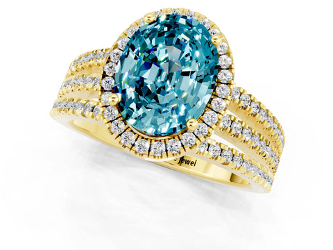 Yellow gold {shape_name} Blue Topaz Halo Engagement Ring with Split Shank and Four-Prong Setting_1