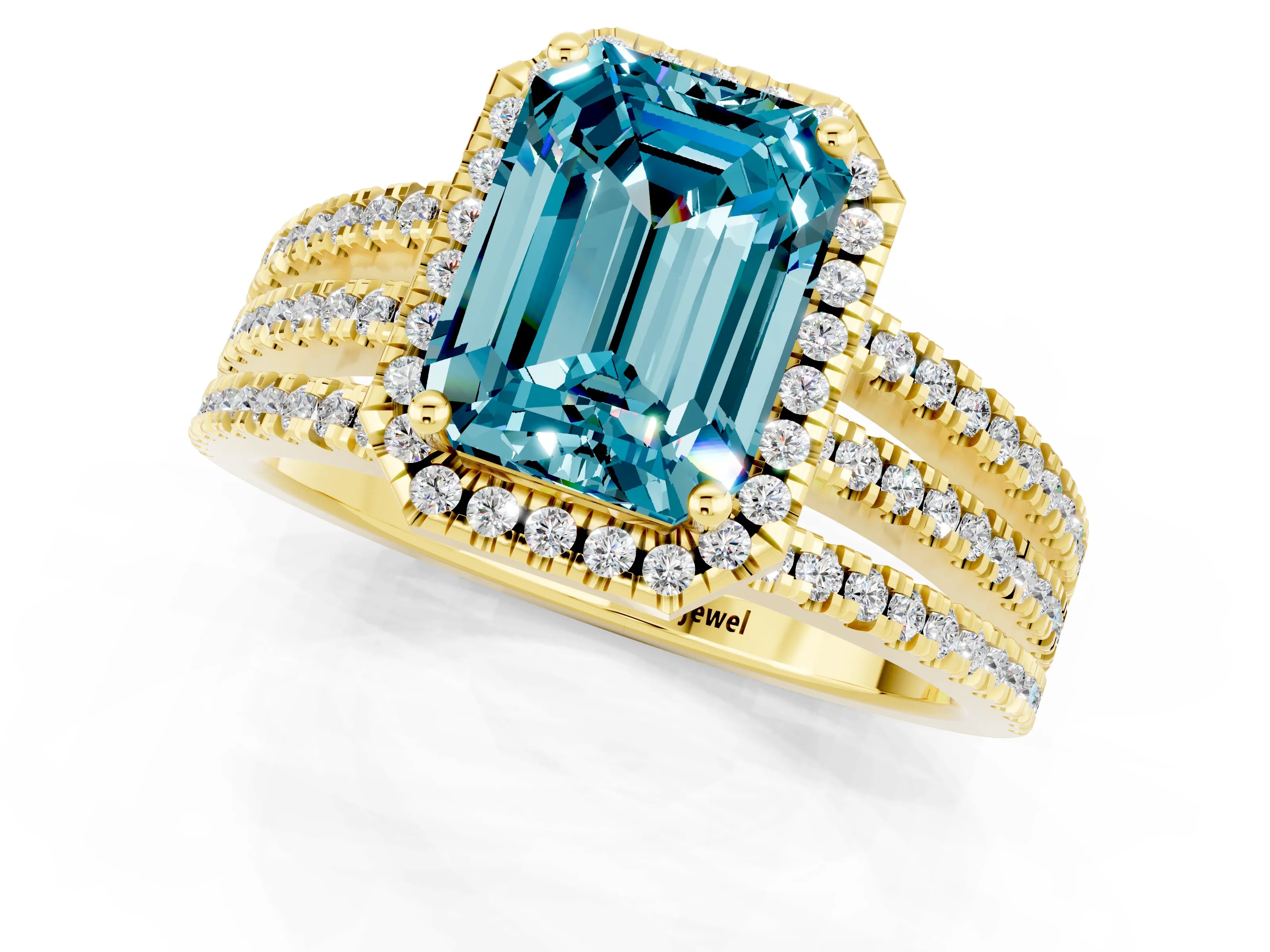 Yellow gold {shape_name} Blue Topaz Halo Engagement Ring with Split Shank and Four-Prong Setting_1