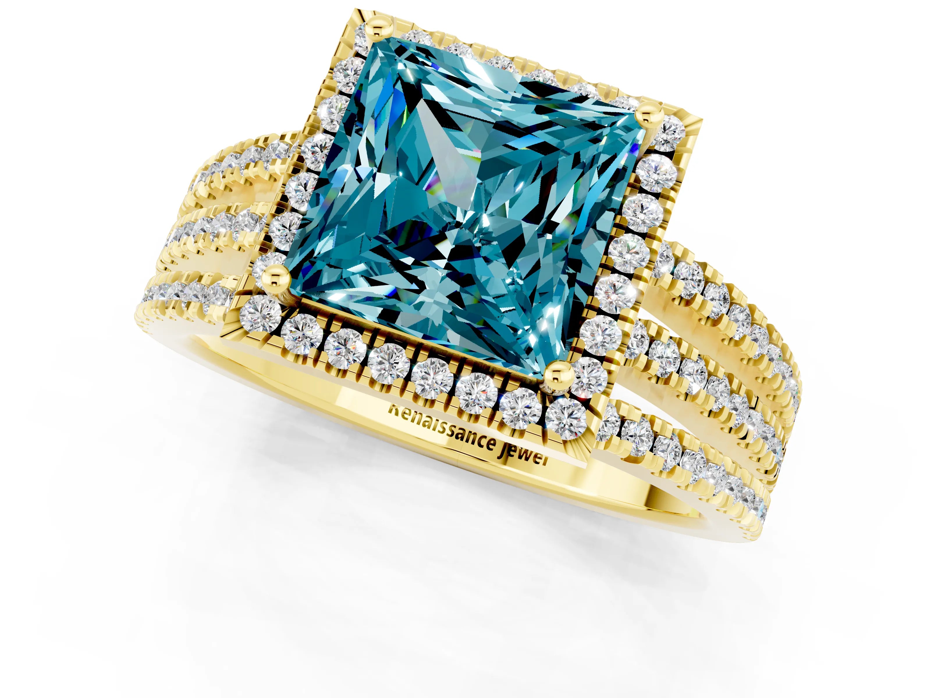 Yellow gold {shape_name} Blue Topaz Halo Engagement Ring with Split Shank and Four-Prong Setting_1