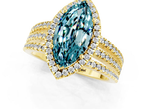 Yellow gold {shape_name} Blue Topaz Halo Engagement Ring with Split Shank and Four-Prong Setting_1