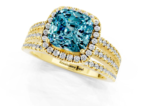 Yellow gold Cushion Cut Blue Topaz Halo Engagement Ring with Split Shank and Four-Prong Setting