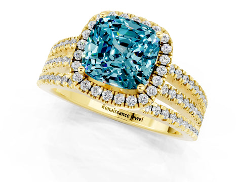 Yellow gold {shape_name} Blue Topaz Halo Engagement Ring with Split Shank and Four-Prong Setting_1