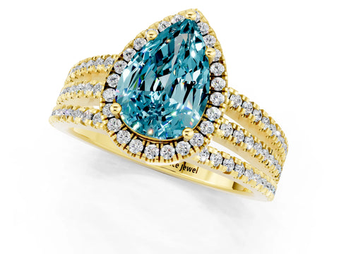 Yellow gold {shape_name} Blue Topaz Halo Engagement Ring with Split Shank and Four-Prong Setting_1