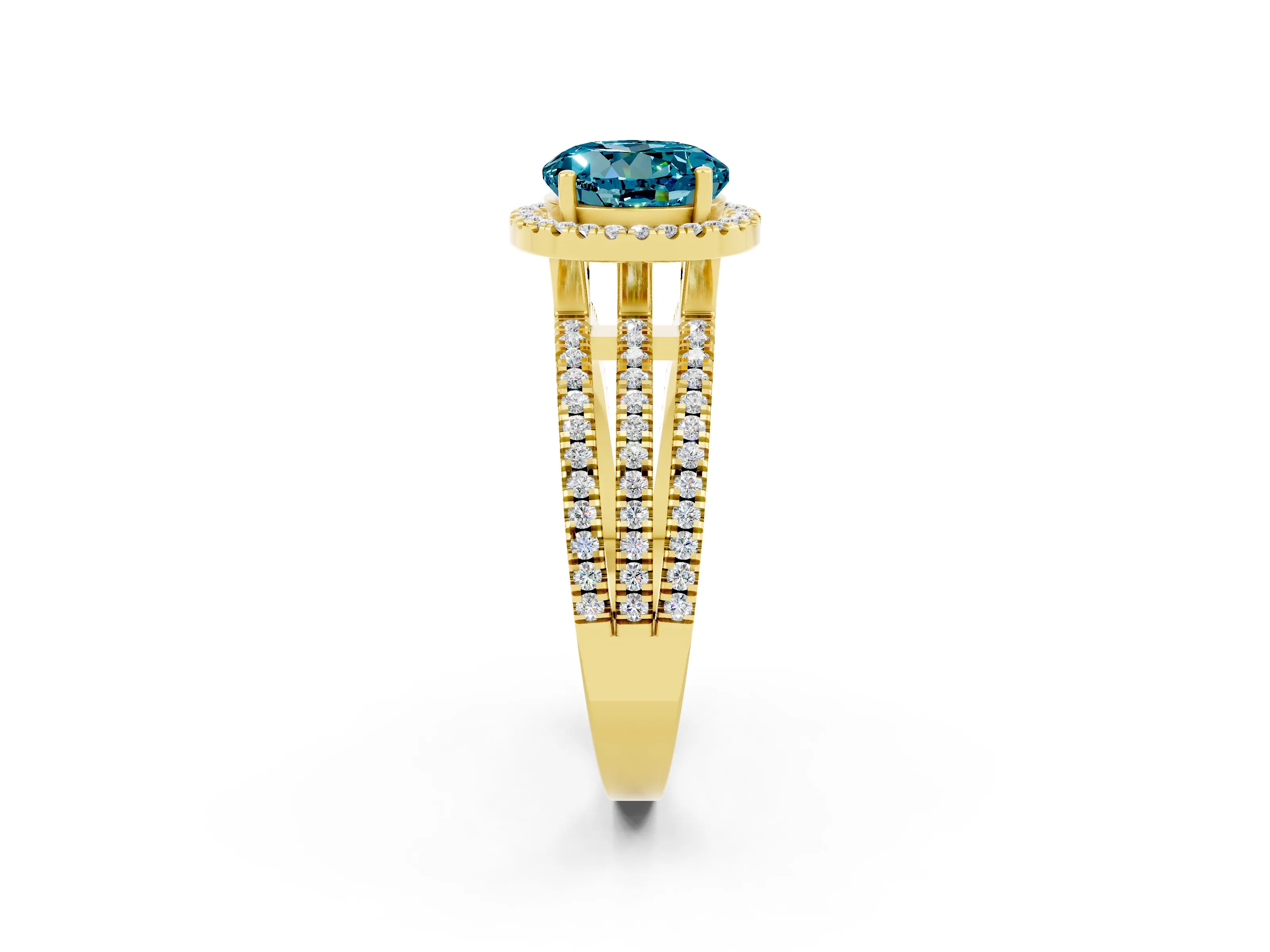 Yellow gold {shape_name} Blue Topaz Halo Engagement Ring with Split Shank and Four-Prong Setting_2