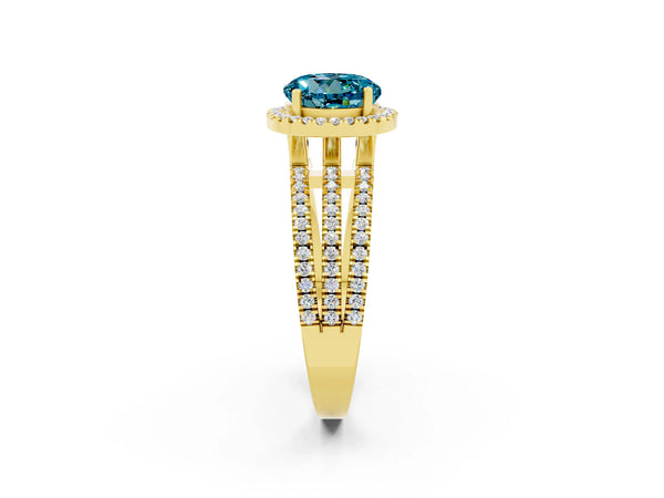 Yellow gold Round Cut Blue Topaz Halo Engagement Ring with Split Shank and Four-Prong Setting