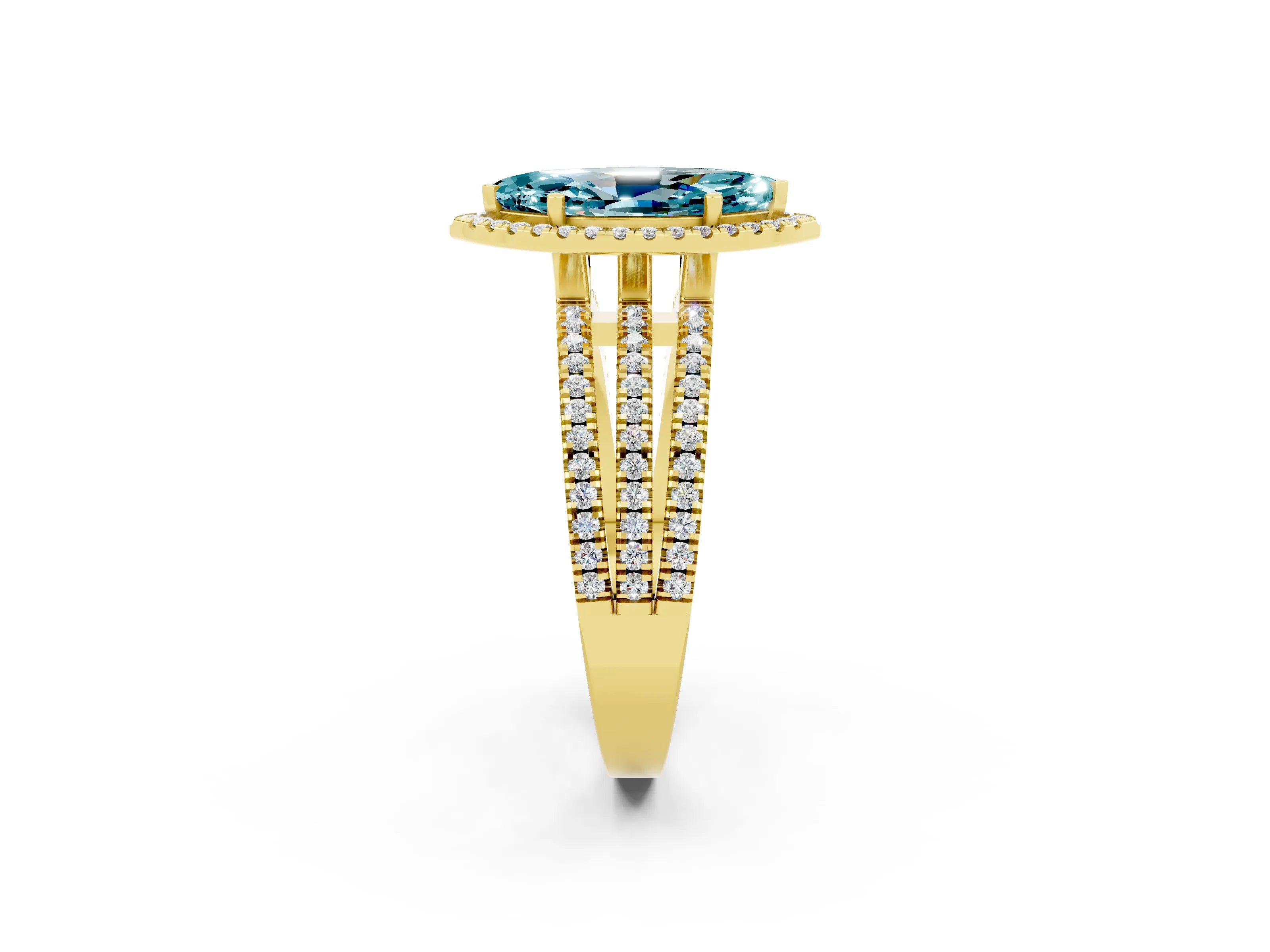 Yellow gold {shape_name} Blue Topaz Halo Engagement Ring with Split Shank and Four-Prong Setting_2
