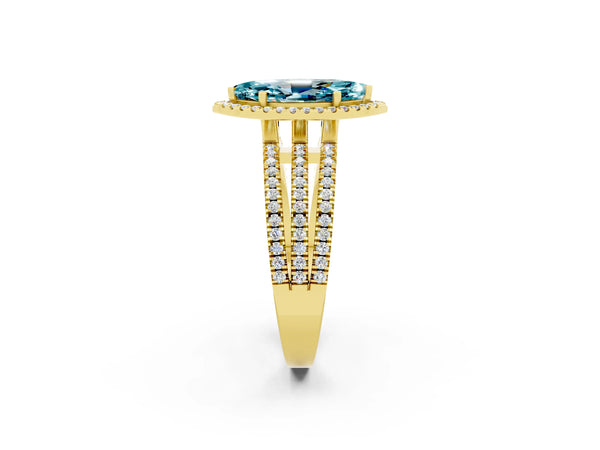 Yellow gold Marquise Cut Blue Topaz Halo Engagement Ring with Split Shank and Four-Prong Setting