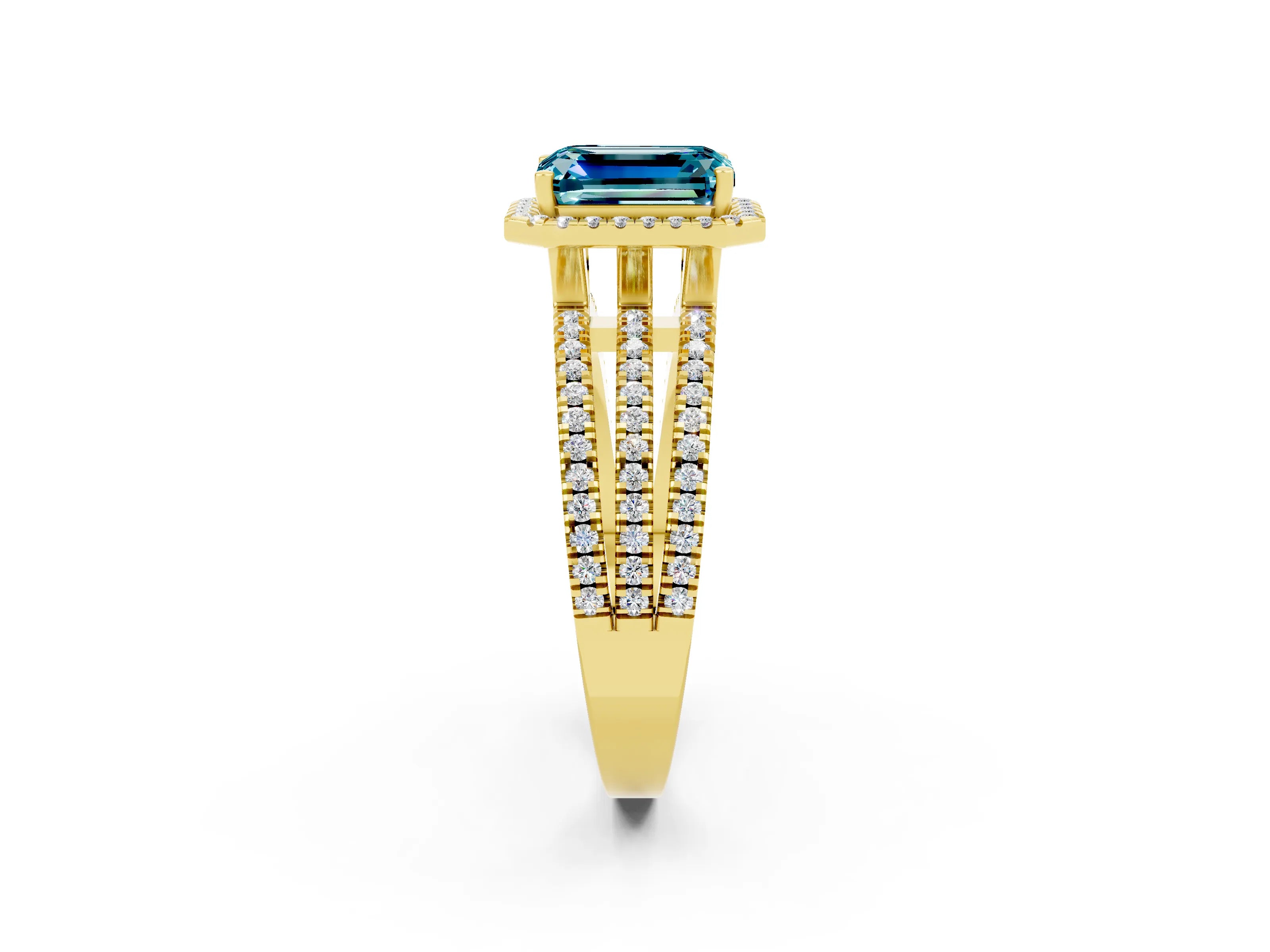 Yellow gold {shape_name} Blue Topaz Halo Engagement Ring with Split Shank and Four-Prong Setting_2