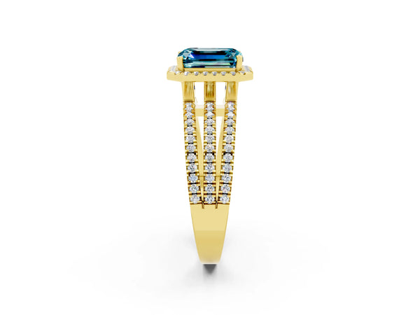 Yellow gold Emerald Cut Blue Topaz Halo Engagement Ring with Split Shank and Four-Prong Setting