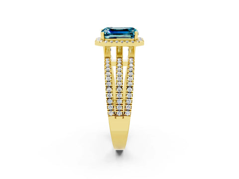 Yellow gold {shape_name} Blue Topaz Halo Engagement Ring with Split Shank and Four-Prong Setting_2
