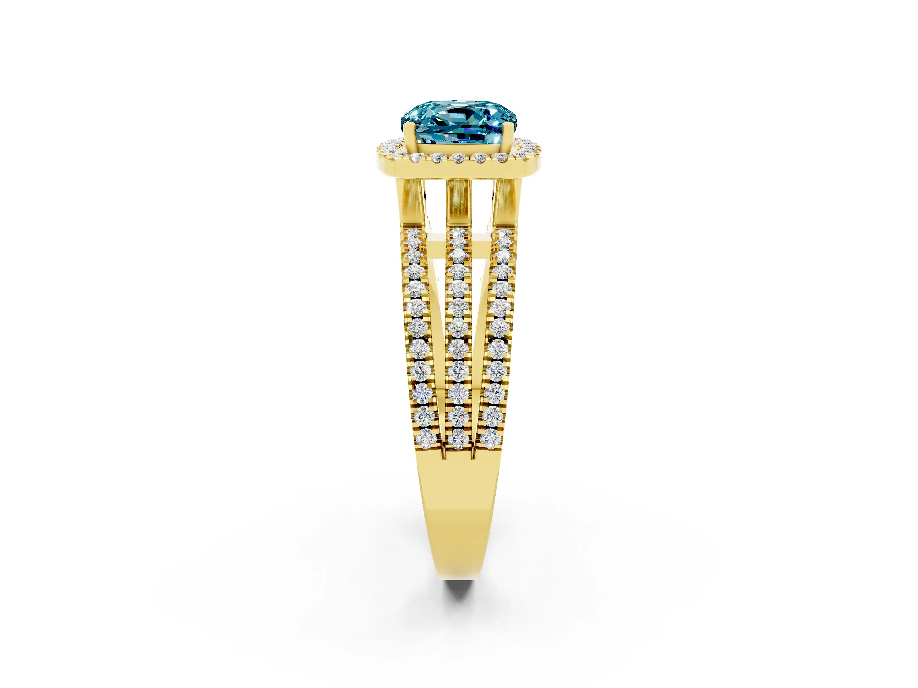 Yellow gold {shape_name} Blue Topaz Halo Engagement Ring with Split Shank and Four-Prong Setting_2