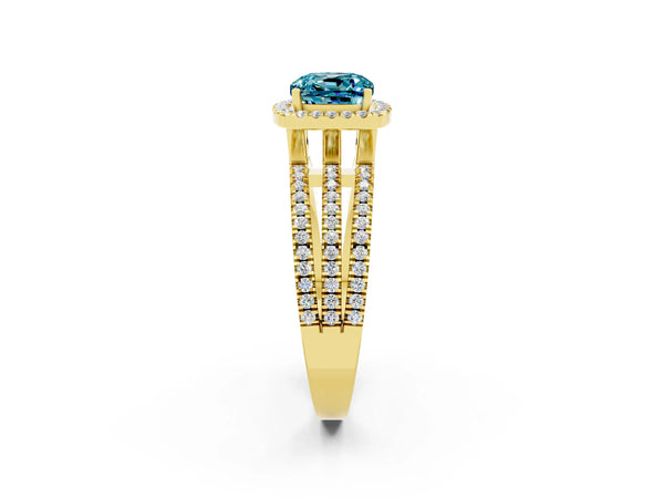 Yellow gold Cushion Cut Blue Topaz Halo Engagement Ring with Split Shank and Four-Prong Setting