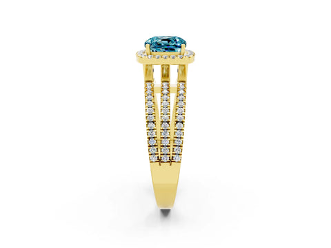 Yellow gold {shape_name} Blue Topaz Halo Engagement Ring with Split Shank and Four-Prong Setting_2