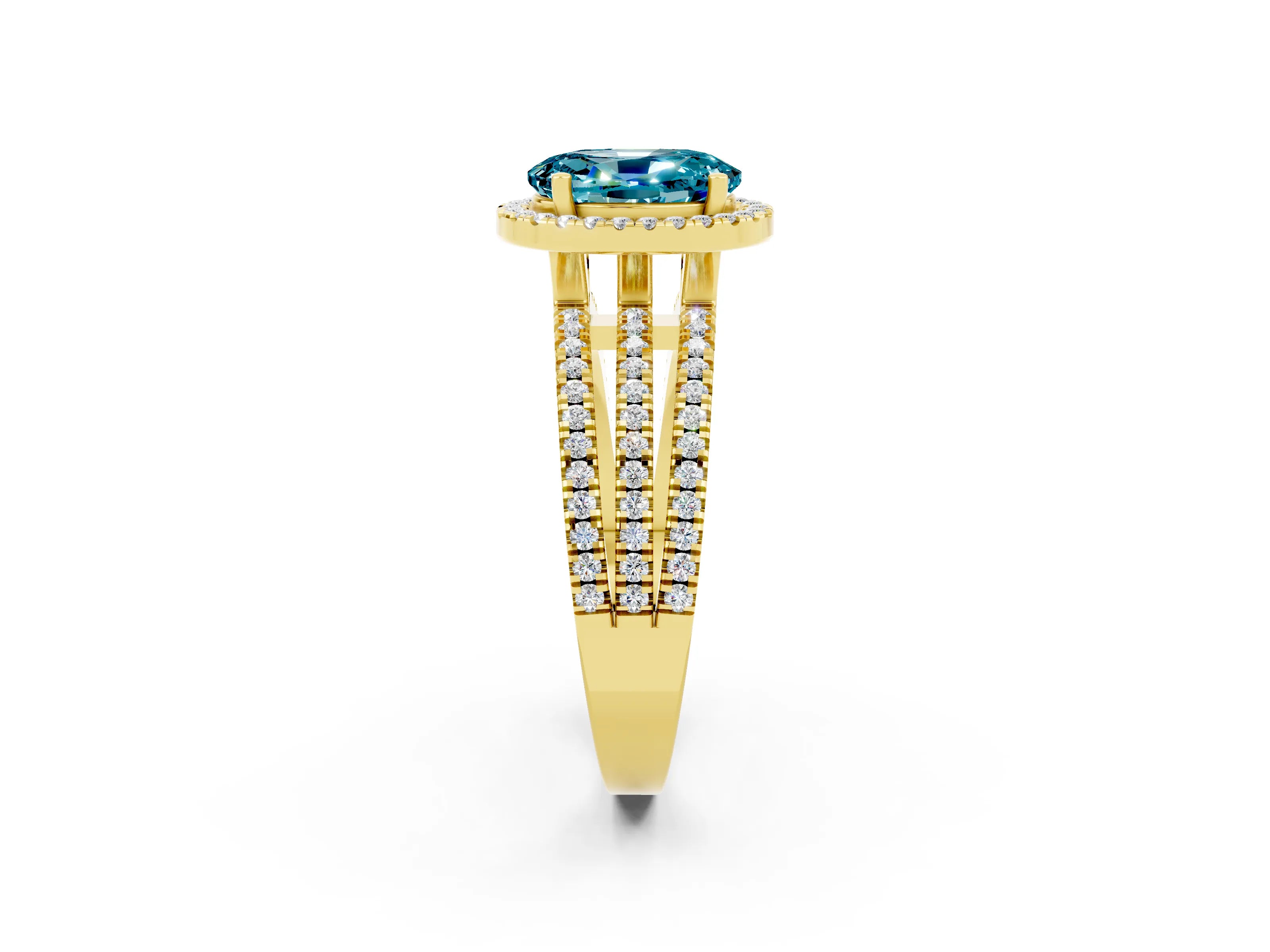 Yellow gold {shape_name} Blue Topaz Halo Engagement Ring with Split Shank and Four-Prong Setting_2