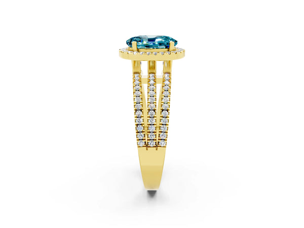 Yellow gold Oval Cut Blue Topaz Halo Engagement Ring with Split Shank and Four-Prong Setting