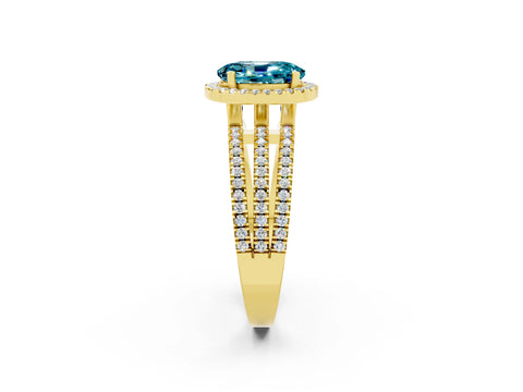 Yellow gold {shape_name} Blue Topaz Halo Engagement Ring with Split Shank and Four-Prong Setting_2