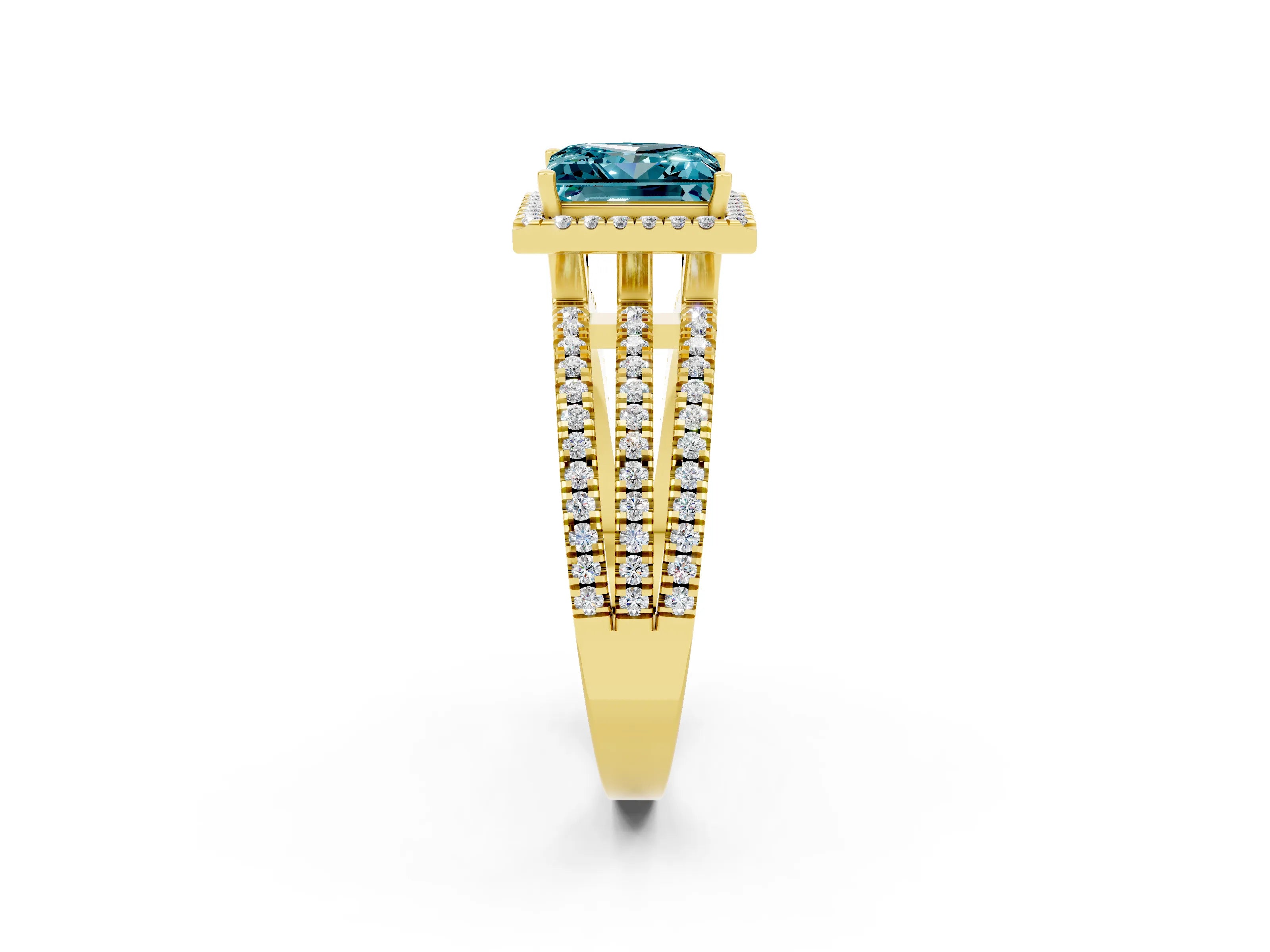 Yellow gold {shape_name} Blue Topaz Halo Engagement Ring with Split Shank and Four-Prong Setting_2