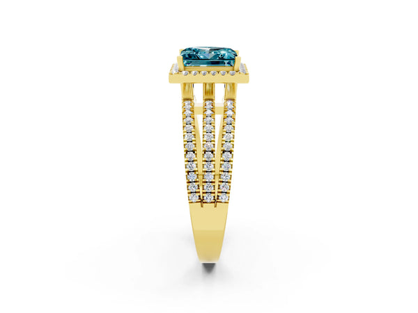 Yellow gold Princess Cut Blue Topaz Halo Engagement Ring with Split Shank and Four-Prong Setting