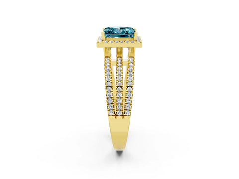 Yellow gold {shape_name} Blue Topaz Halo Engagement Ring with Split Shank and Four-Prong Setting_2