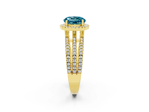 Yellow gold {shape_name} Blue Topaz Halo Engagement Ring with Split Shank and Four-Prong Setting_2