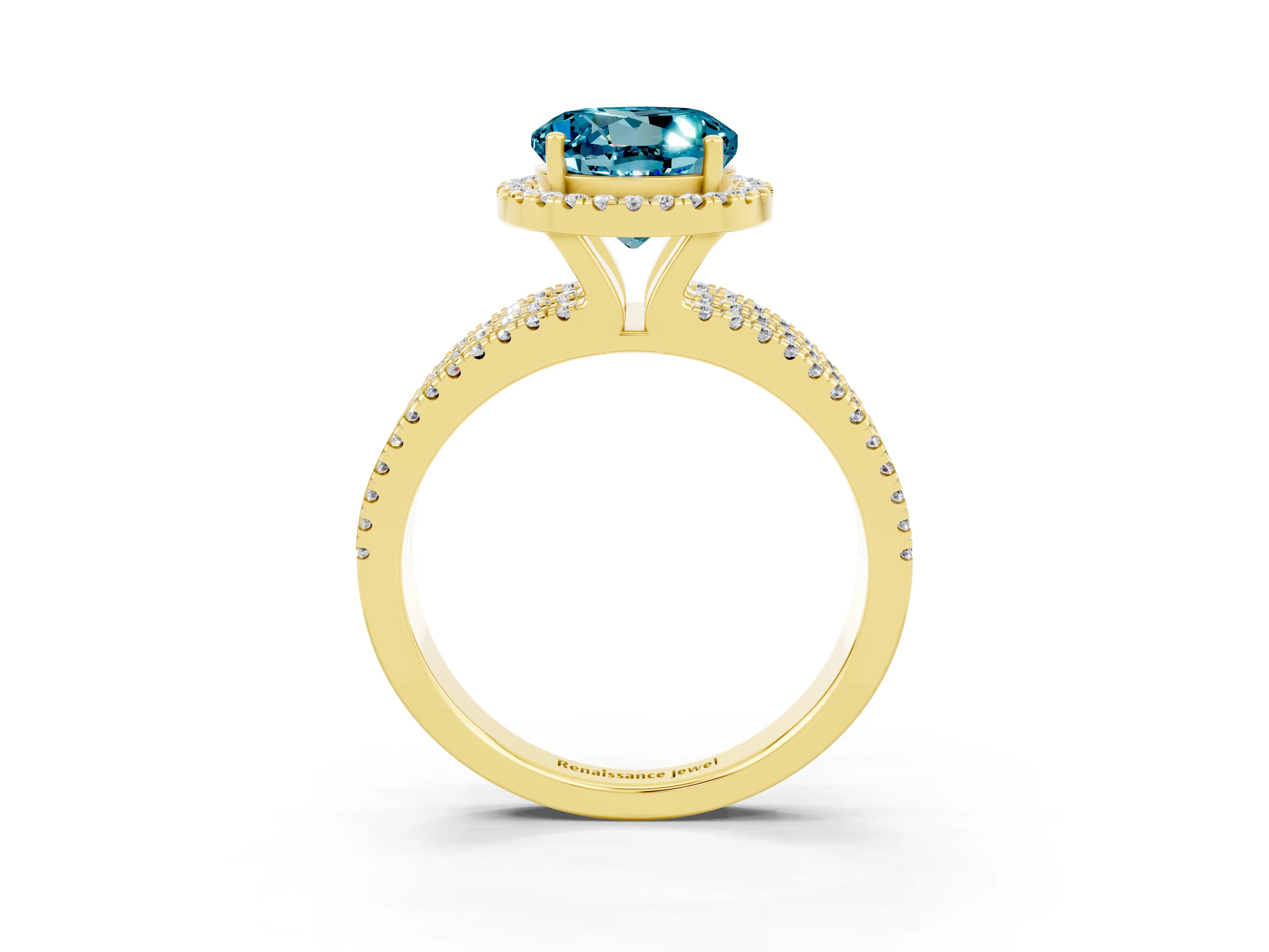 Yellow gold {shape_name} Blue Topaz Halo Engagement Ring with Split Shank and Four-Prong Setting_3
