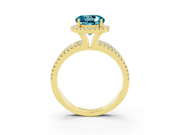 Yellow gold Round Cut Blue Topaz Halo Engagement Ring with Split Shank and Four-Prong Setting
