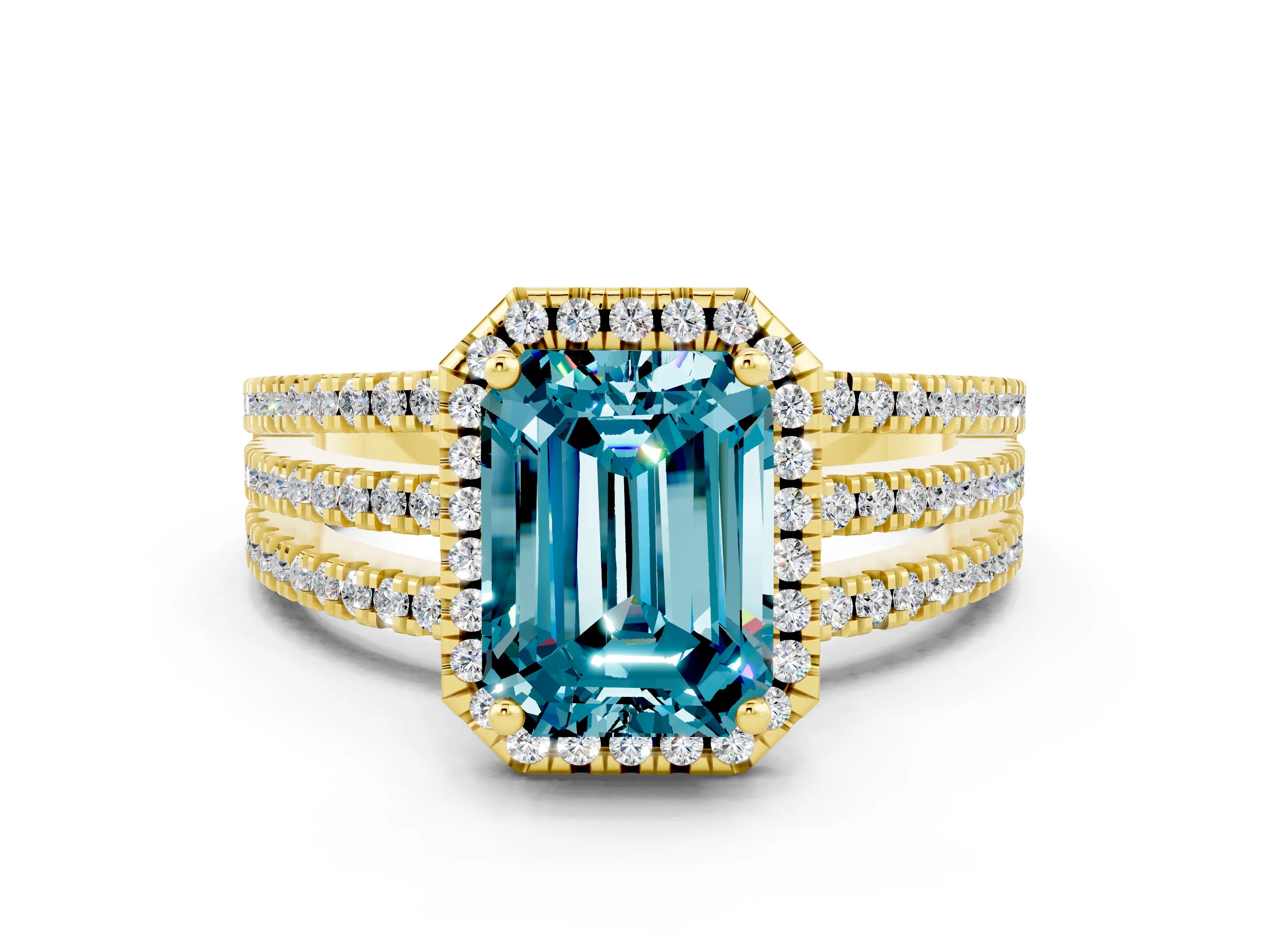 Yellow gold {shape_name} Blue Topaz Halo Engagement Ring with Split Shank and Four-Prong Setting