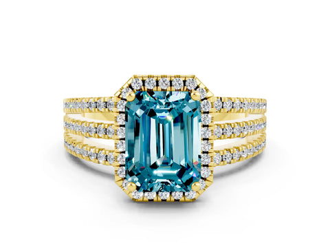Yellow gold {shape_name} Blue Topaz Halo Engagement Ring with Split Shank and Four-Prong Setting