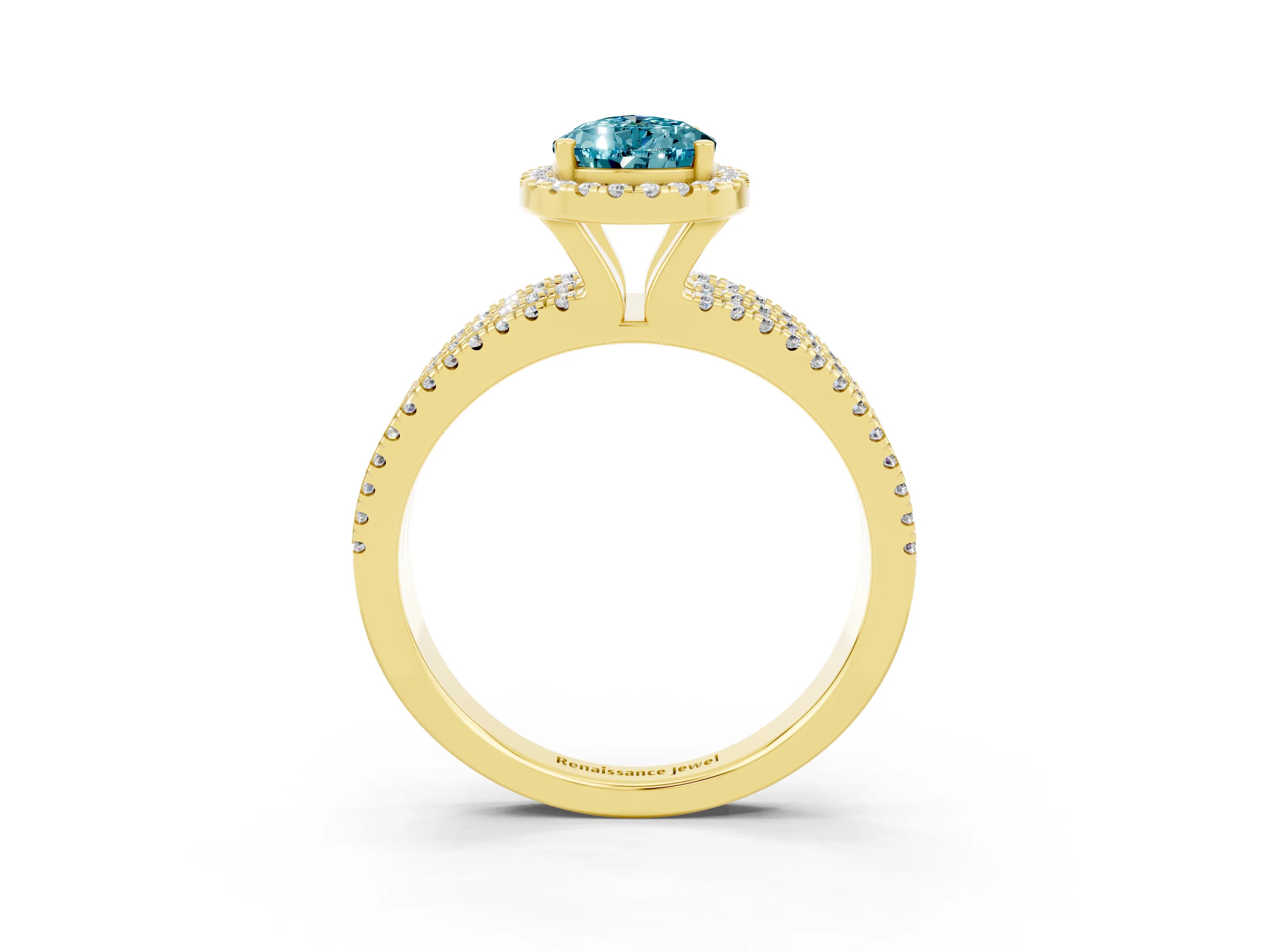 Yellow gold {shape_name} Blue Topaz Halo Engagement Ring with Split Shank and Four-Prong Setting_3