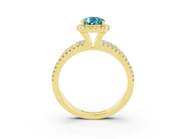 Yellow gold Pear Cut Blue Topaz Halo Engagement Ring with Split Shank and Four-Prong Setting