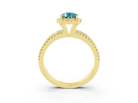 Yellow gold {shape_name} Blue Topaz Halo Engagement Ring with Split Shank and Four-Prong Setting_3