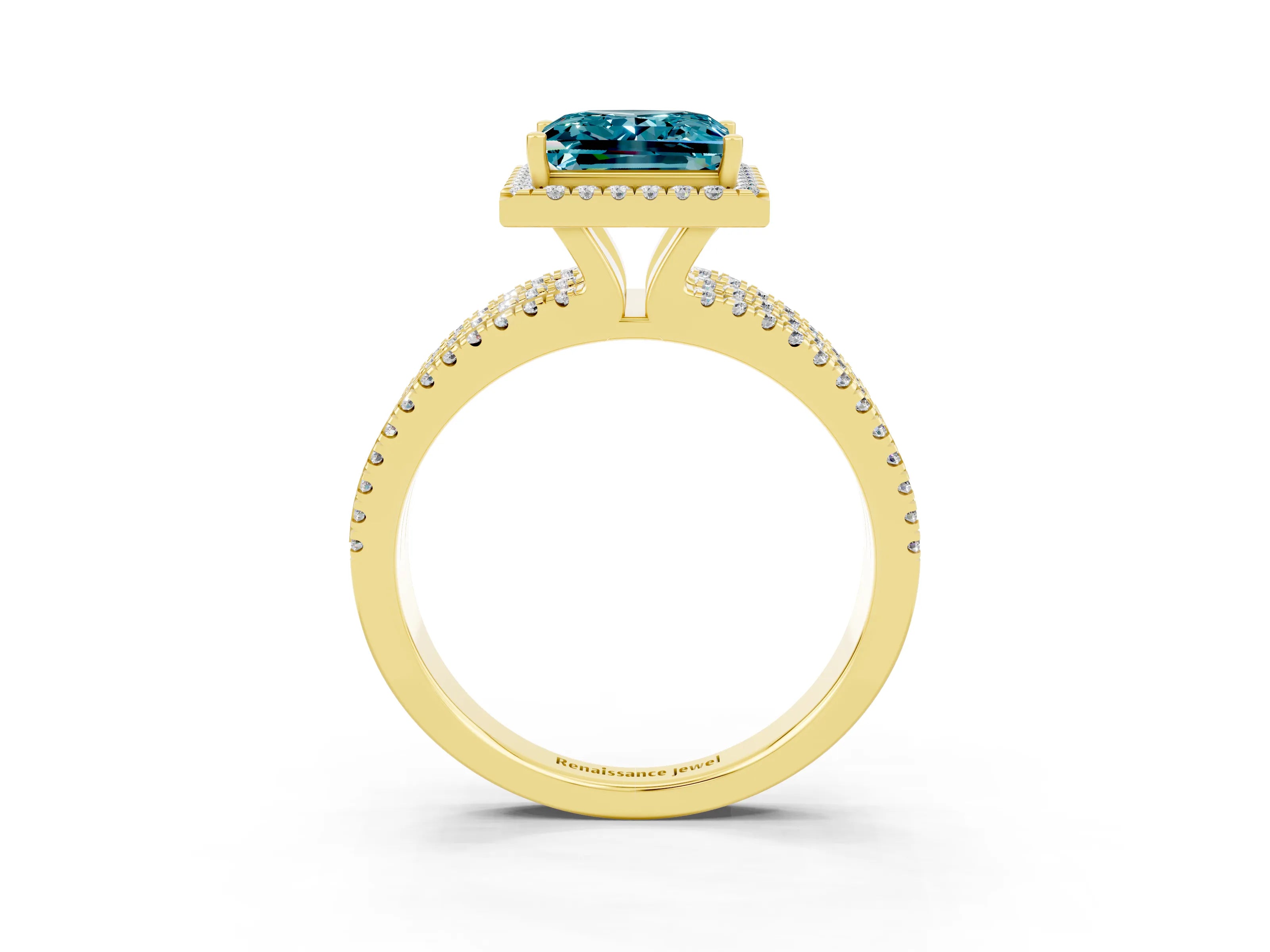Yellow gold {shape_name} Blue Topaz Halo Engagement Ring with Split Shank and Four-Prong Setting_3