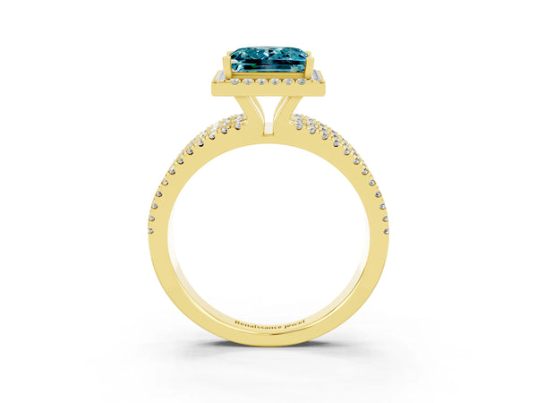 Yellow gold Princess Cut Blue Topaz Halo Engagement Ring with Split Shank and Four-Prong Setting