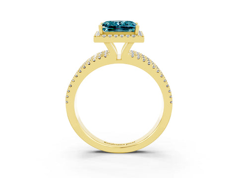 Yellow gold {shape_name} Blue Topaz Halo Engagement Ring with Split Shank and Four-Prong Setting_3