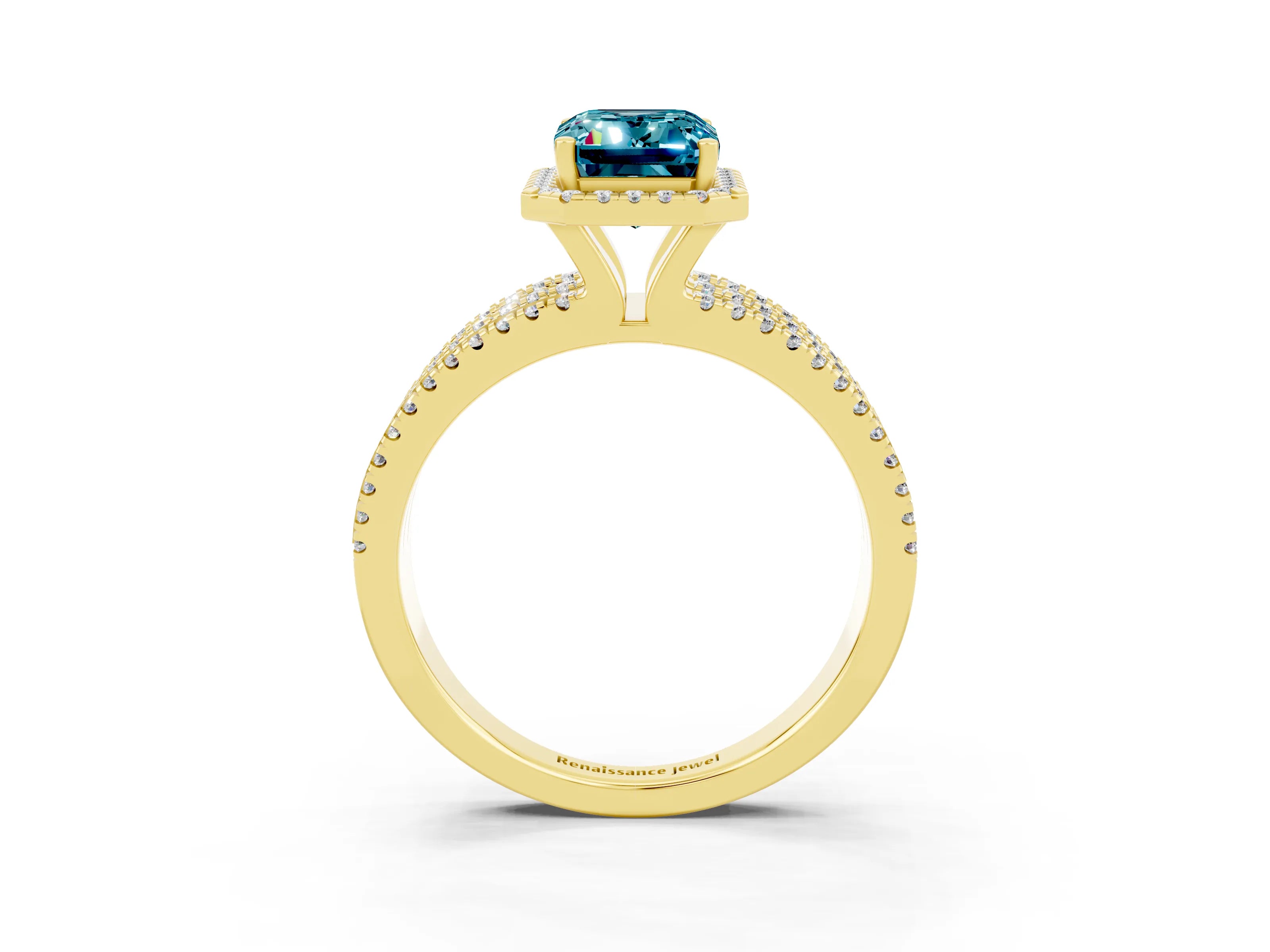 Yellow gold {shape_name} Blue Topaz Halo Engagement Ring with Split Shank and Four-Prong Setting_3