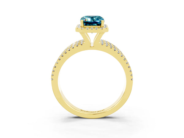 Yellow gold Emerald Cut Blue Topaz Halo Engagement Ring with Split Shank and Four-Prong Setting