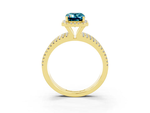 Yellow gold {shape_name} Blue Topaz Halo Engagement Ring with Split Shank and Four-Prong Setting_3
